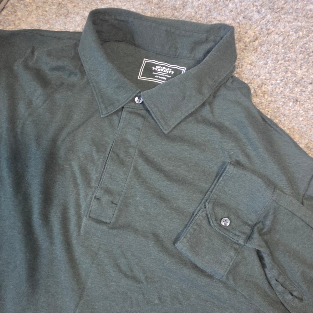 Charles Tyrwhitt Mens 2XL Forest Green Cotton Tencel Long Sleeve Polo Shirt